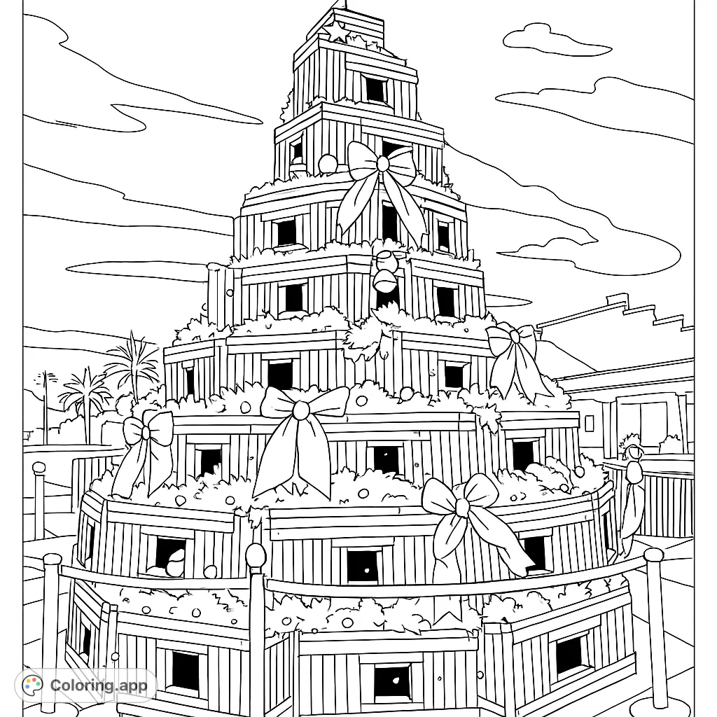 Unique holiday tree made from stacked lobster traps, adorned with bows and garlands. A festive coastal scene for coloring.