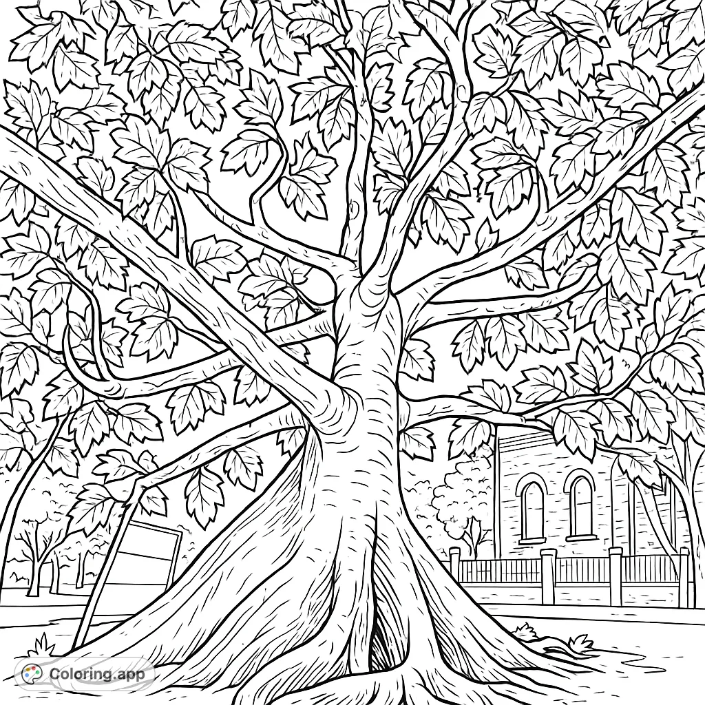 Explore a grand tree with massive roots and a leafy canopy, set against a building. A nature-inspired coloring page for all ages to enjoy.