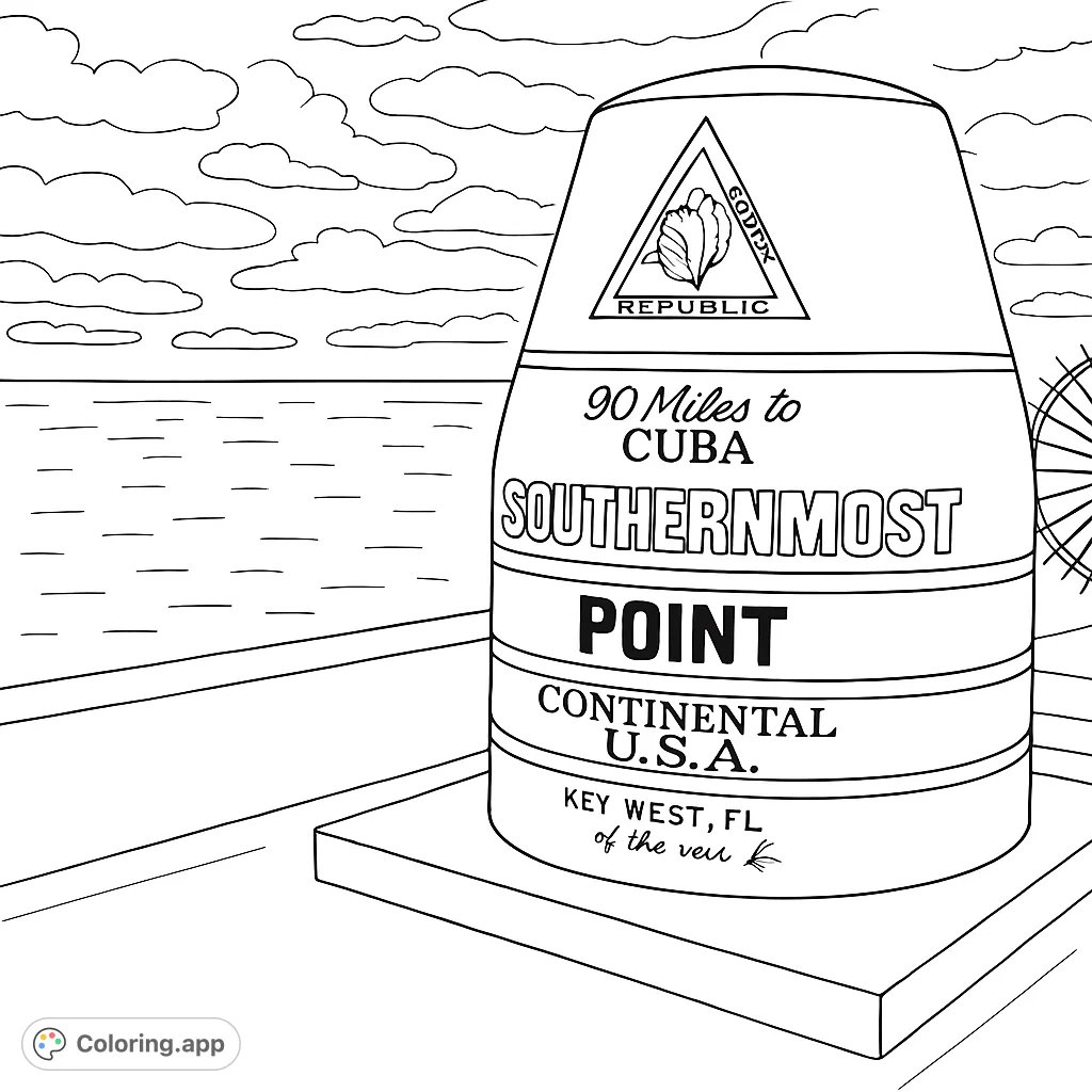 Color the iconic Southernmost Point marker in Key West, overlooking the vast ocean and a beautiful sky. A unique travel landmark coloring page.