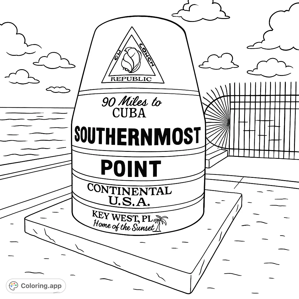 Color the iconic Southernmost Point monument in Key West, Florida, featuring detailed text, ocean views, and a scenic coastal setting.