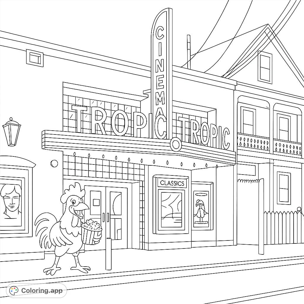 A charming retro cinema at night, featuring a smiling rooster holding popcorn. A nostalgic scene for kids and adults, perfect for a fun coloring adventure.