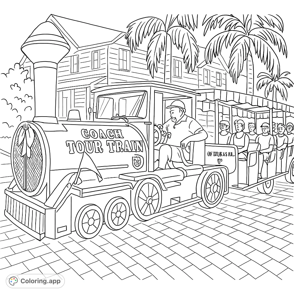 Embark on a tropical adventure with this tour train coloring page! Features a fun locomotive, passengers, and a sunny, palm-lined street scene.
