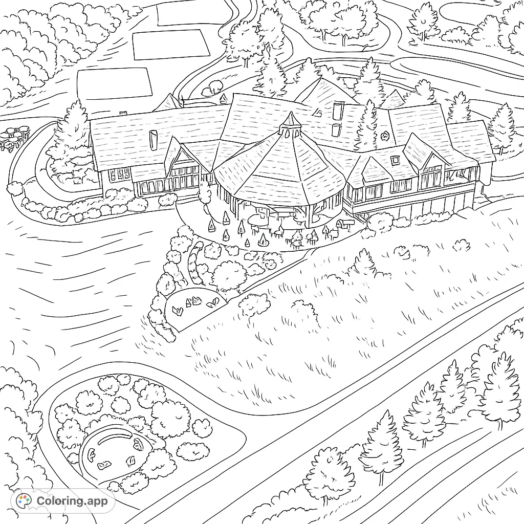 Detailed aerial view of a grand golf course clubhouse with intricate architecture, lush landscaping, and outdoor patios, perfect for coloring enthusiasts.