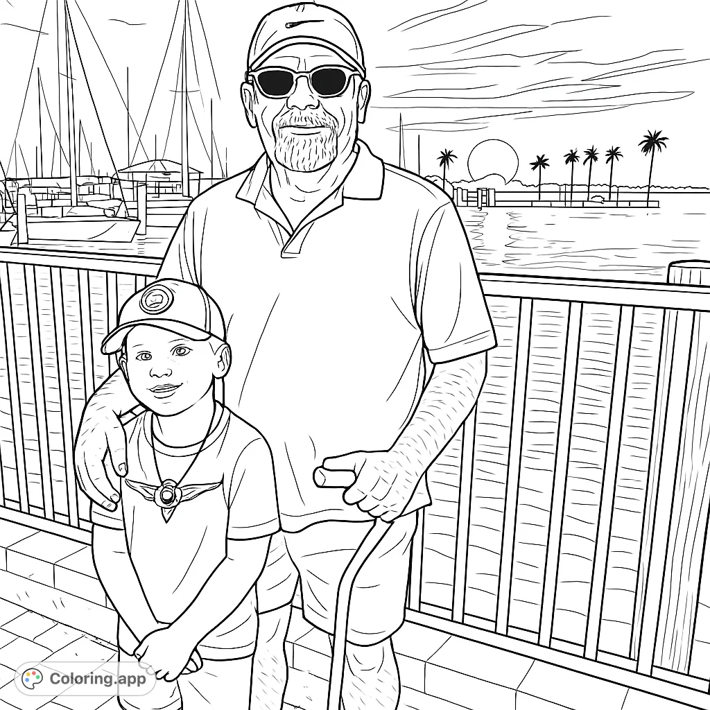 Capture a heartwarming waterfront scene with an older man and a young boy at sunset. Perfect for family-themed coloring and relaxation.
