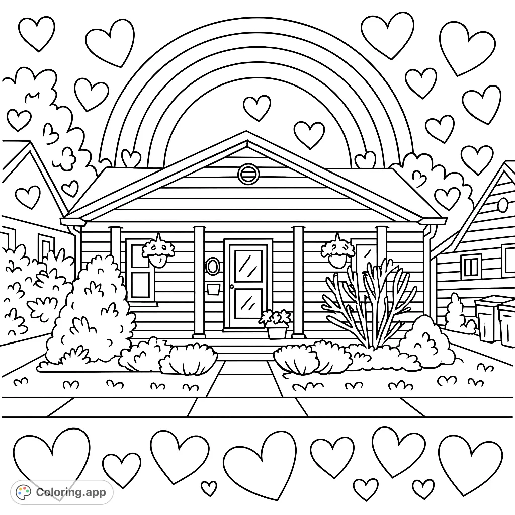 A charming house with a welcoming porch, lush garden, and decorative heart patterns, topped with a rainbow. A delightful home coloring page for all ages.