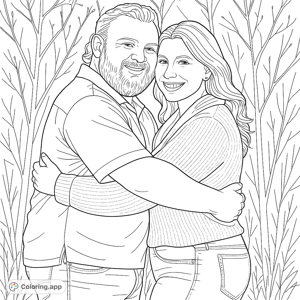 Capture a heartwarming moment with this couple's embrace coloring page. Features a smiling man and woman in a field of tall plants.