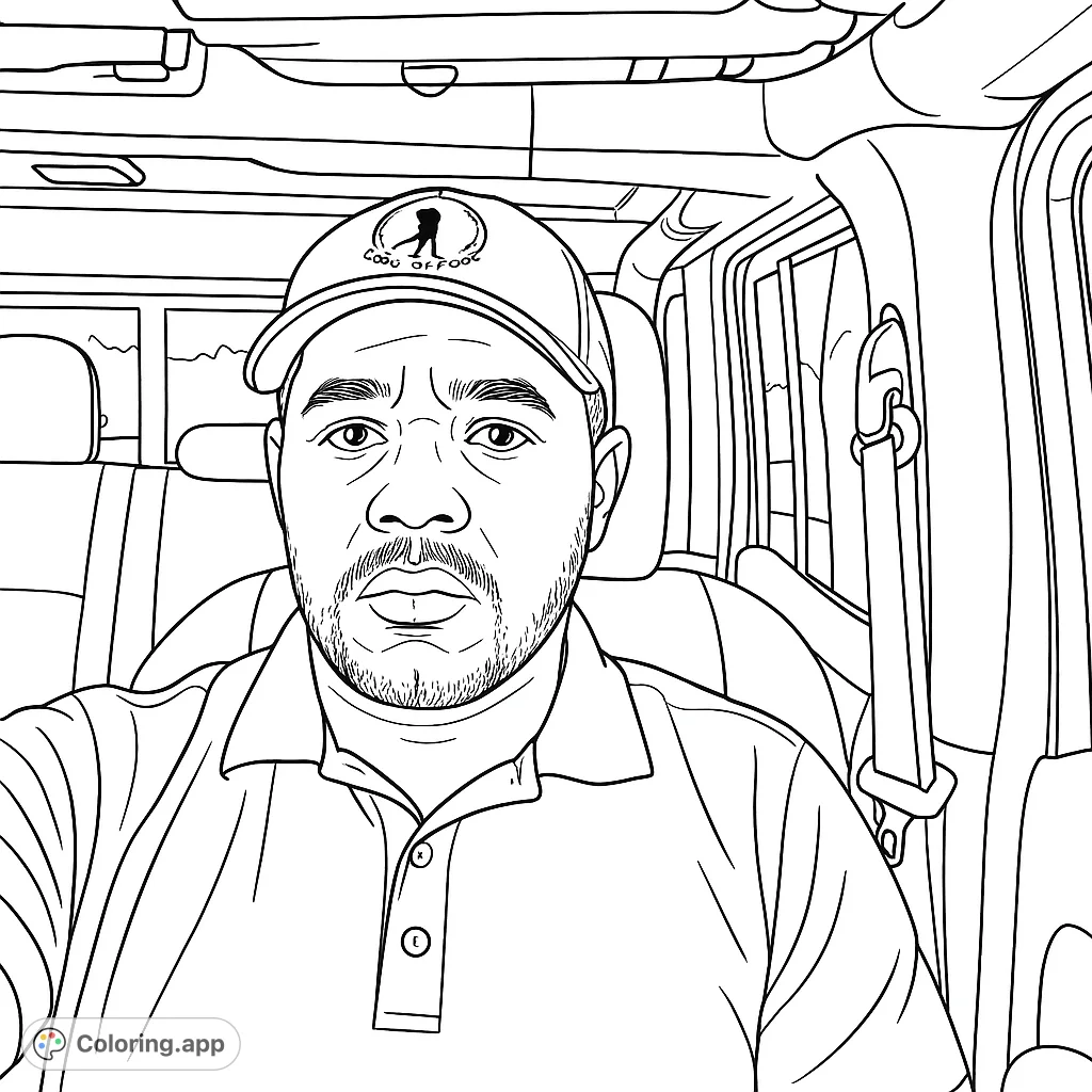 Color a detailed portrait of a man in a vehicle, featuring a golf cap and realistic interior elements. Perfect for practicing shading and texture.