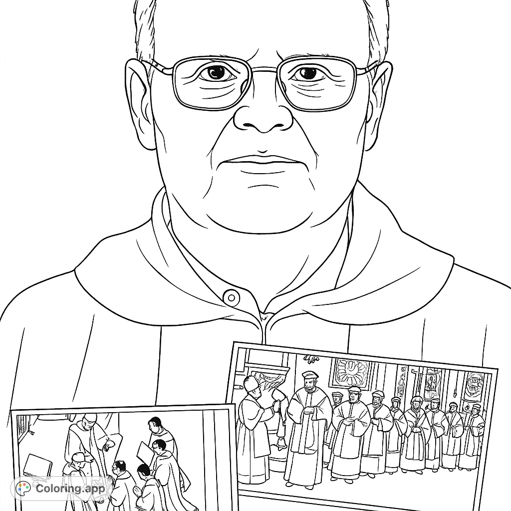 A portrait of a cleric adorned with two historical photos depicting religious ceremonies, offering a reflective and detailed coloring experience.