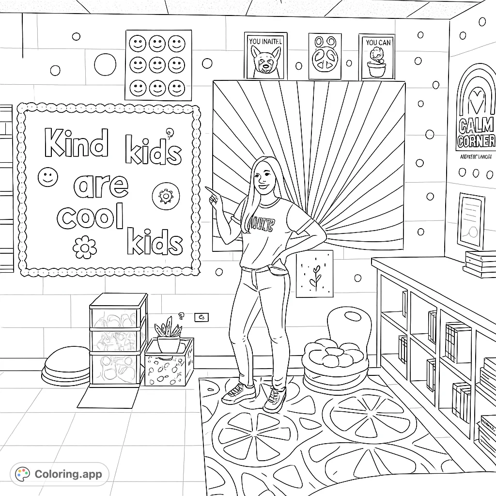 Explore a vibrant classroom scene featuring a positive message bulletin board, a sunburst wall hanging, and a friendly person. Perfect for all ages!