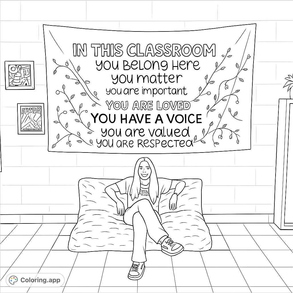 Relax in a cozy classroom setting with a welcoming banner and a comfortable cushion. A perfect free printable coloring page for all ages.