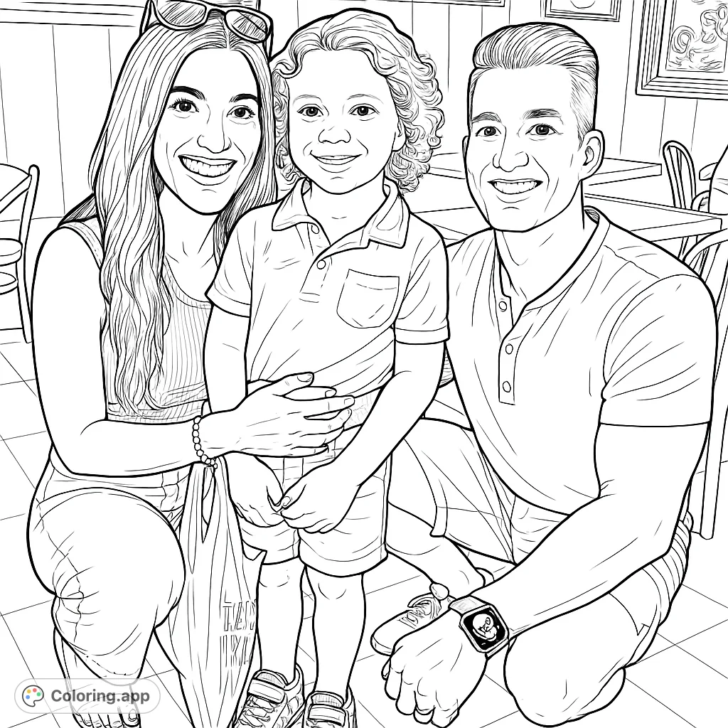 A heartwarming family coloring page featuring a smiling couple embracing their child. Perfect for celebrating love, togetherness, and cherished moments.