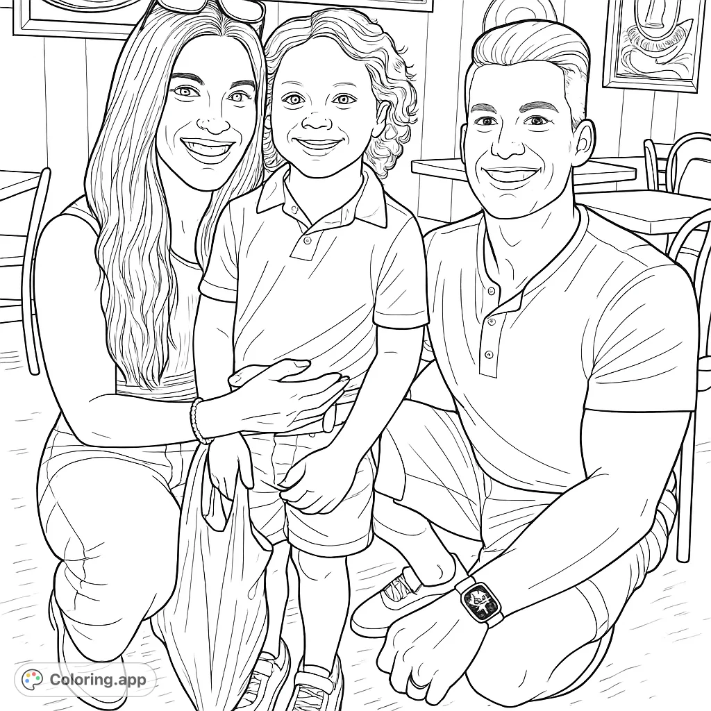 A heartwarming family coloring page featuring a smiling couple embracing their child. Perfect for celebrating love, togetherness, and cherished moments.
