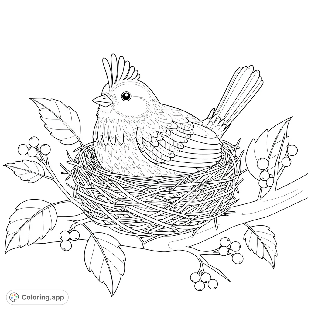 A charming bird with a prominent crest sits nestled in a detailed woven nest on a branch, surrounded by leaves and berries. A delightful scene.
