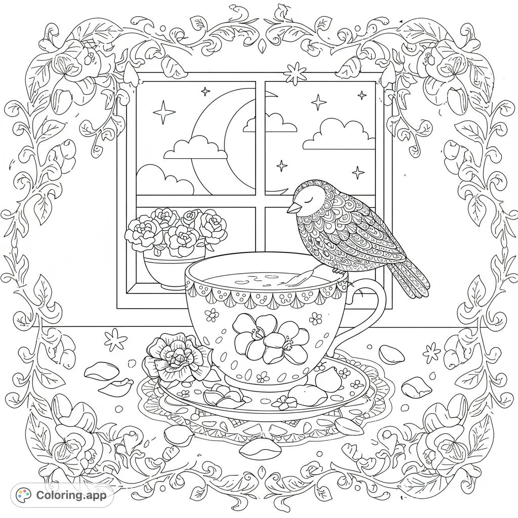 A charming teacup scene featuring a sleeping bird, a crescent moon, and delicate floral elements, perfect for a relaxing coloring experience.