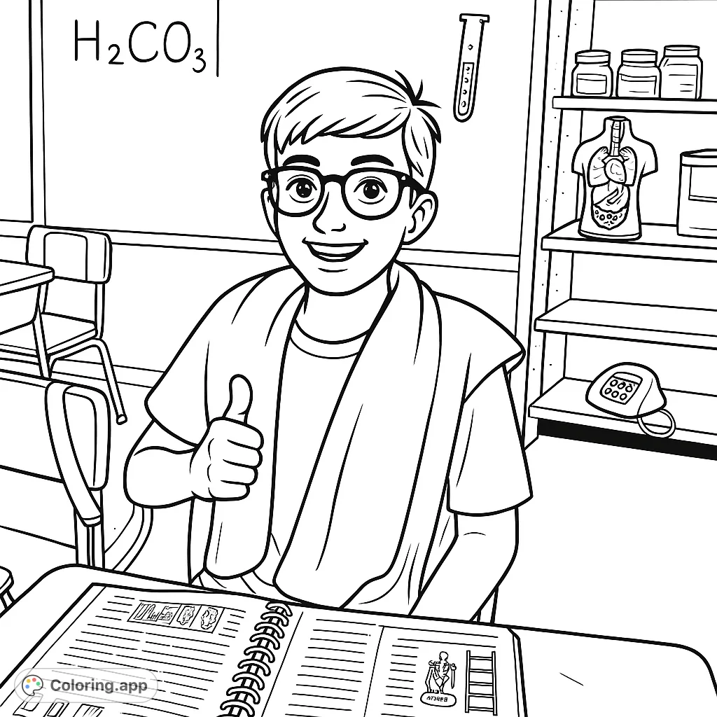 A cheerful student gives a thumbs-up in a detailed classroom setting, complete with science equipment and an open notebook. Perfect for young learners!