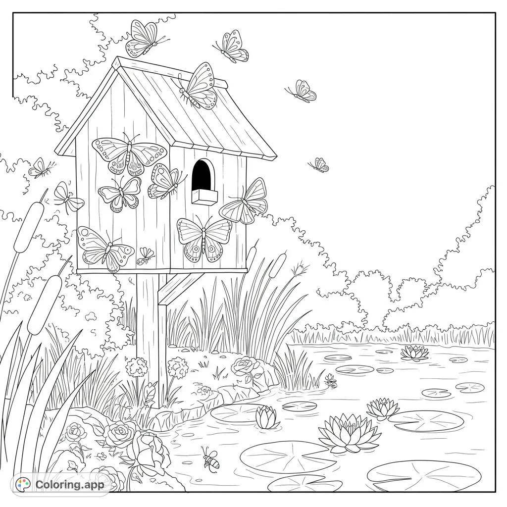 A serene butterfly house by a tranquil lake, adorned with water lilies and teeming with delicate butterflies and various charming bugs.