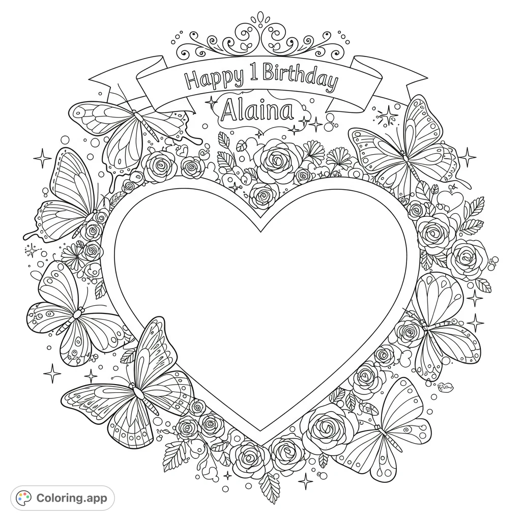 A delightful coloring page featuring a decorative heart, graceful butterflies, and celebratory text, perfect for a special first birthday.