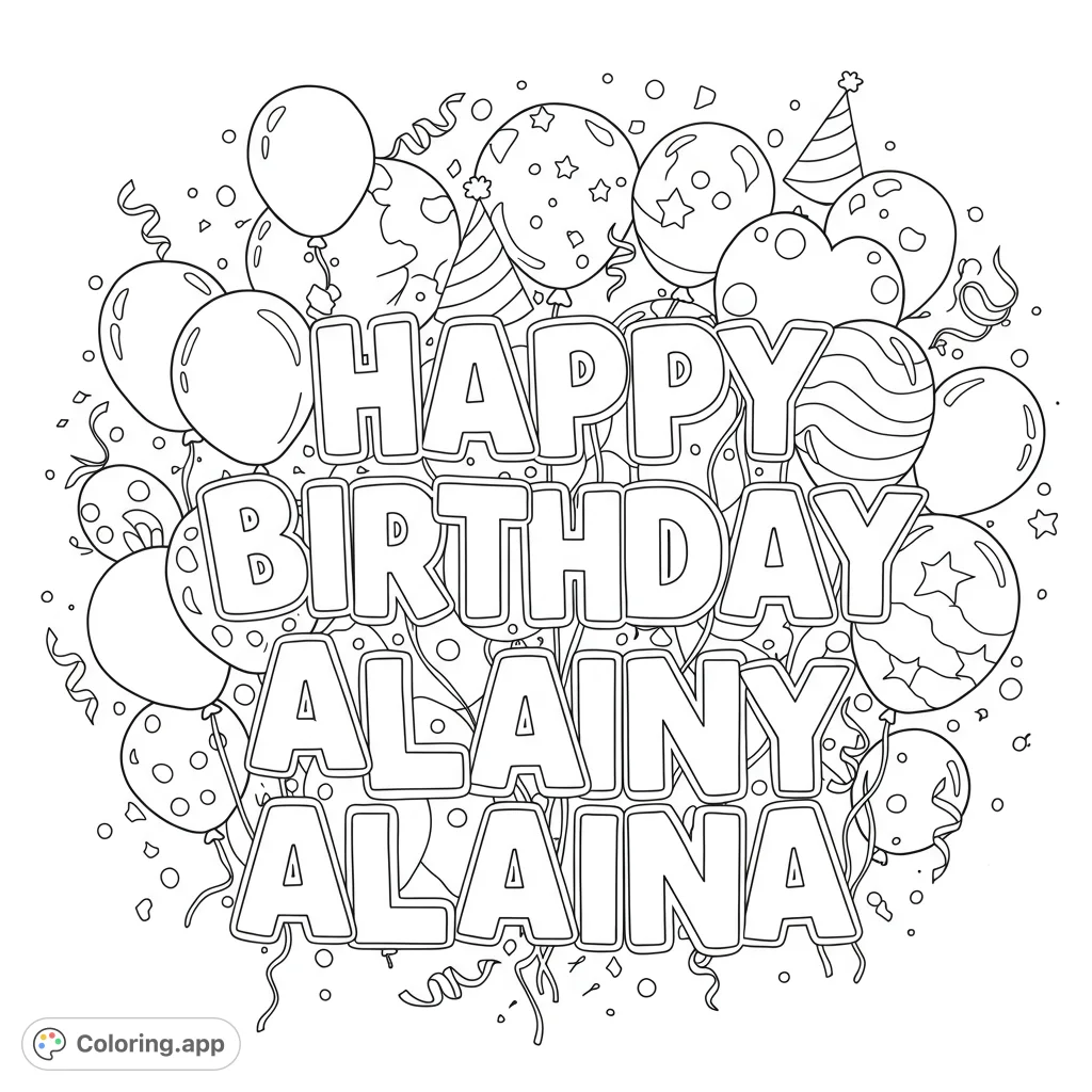 A festive birthday coloring page featuring decorative lettering spelling "Happy Birthday Alaina" surrounded by a cheerful cluster of balloons.
