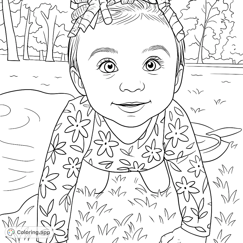 Capture the innocence of a joyful toddler crawling outdoors, adorned with patterned clothing and festive hair bows. A delightful scene for all ages.