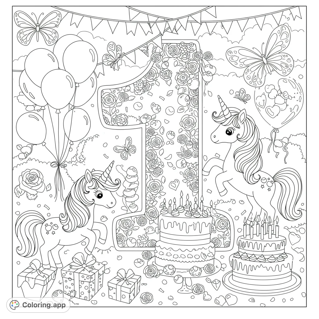Celebrate a magical first birthday with a whimsical scene featuring a large numeral one, playful unicorns, and delicate butterflies amidst party decorations.