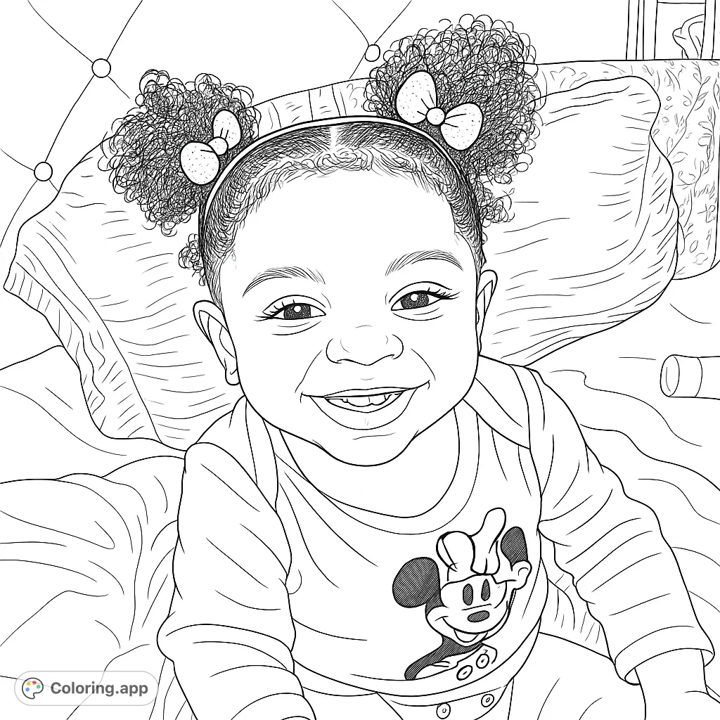 Capture the joy of a smiling child with adorable pigtails and a playful character on their outfit. A delightful and heartwarming coloring experience.