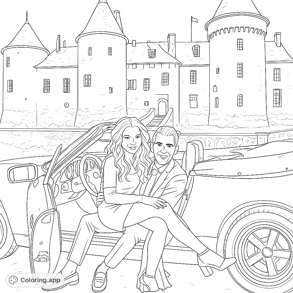 A romantic couple poses in a classic convertible before a majestic castle. Perfect for a sophisticated coloring experience.