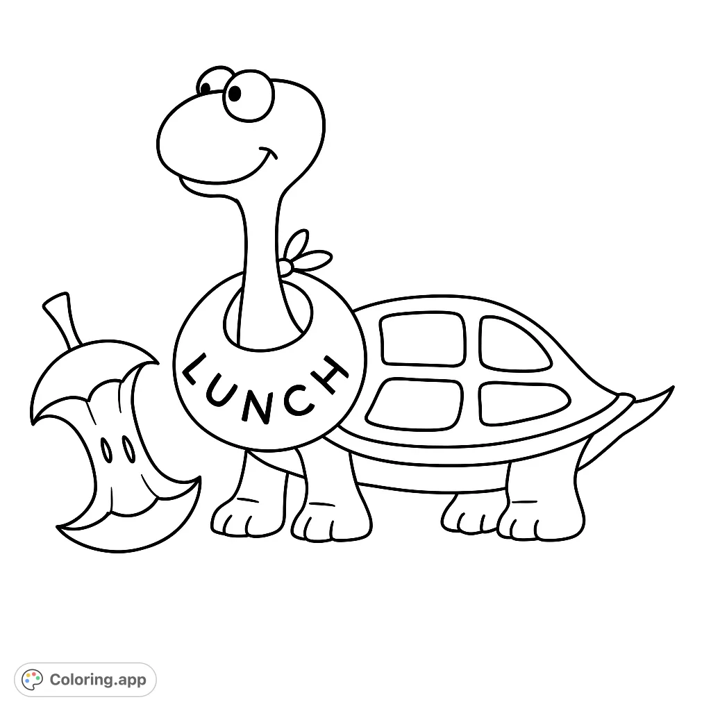 A charming cartoon turtle wearing a 'LUNCH' bib, standing next to an apple core. A delightful and simple coloring page for all ages.