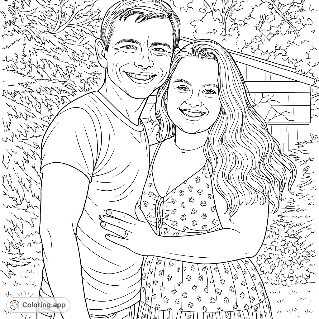 Capture the joy of a happy couple in a natural setting. This portrait offers a delightful coloring experience for all ages.