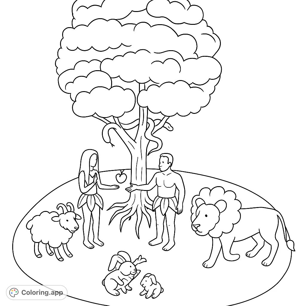 Explore a serene garden scene with the first humans, a majestic tree, and friendly animals. A timeless biblical theme for all ages.