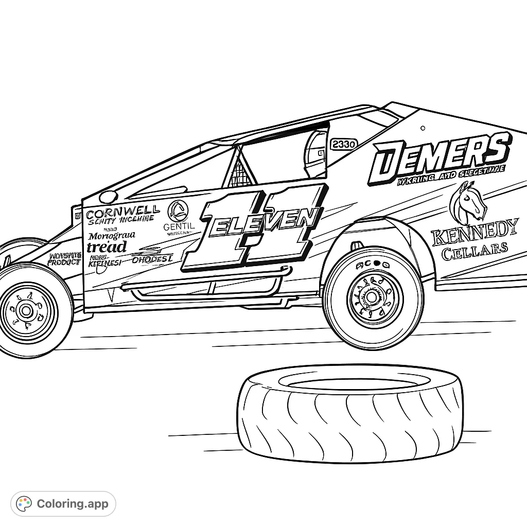 Unleash your creativity with this dynamic race car coloring page, featuring a detailed open-wheel vehicle ready for the track. Perfect for speed enthusiasts!