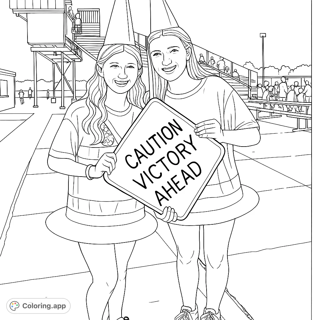 Two smiling friends in playful traffic cone costumes hold a "Caution Victory Ahead" sign, ready for a fun event. A unique, free printable coloring page!