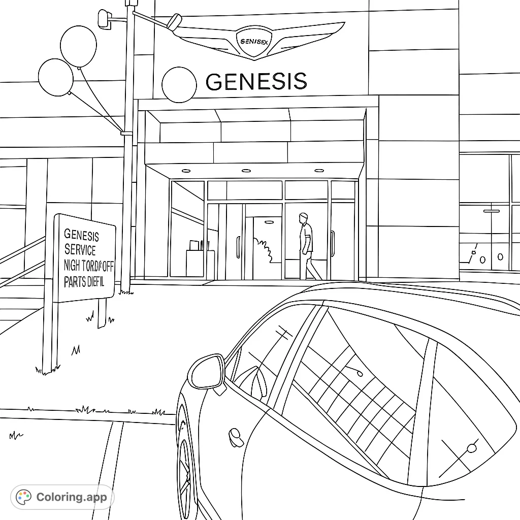 Color a modern Genesis dealership scene featuring a sleek car, festive balloons, and a detailed building facade. Ideal for car enthusiasts and urban landscape fans.