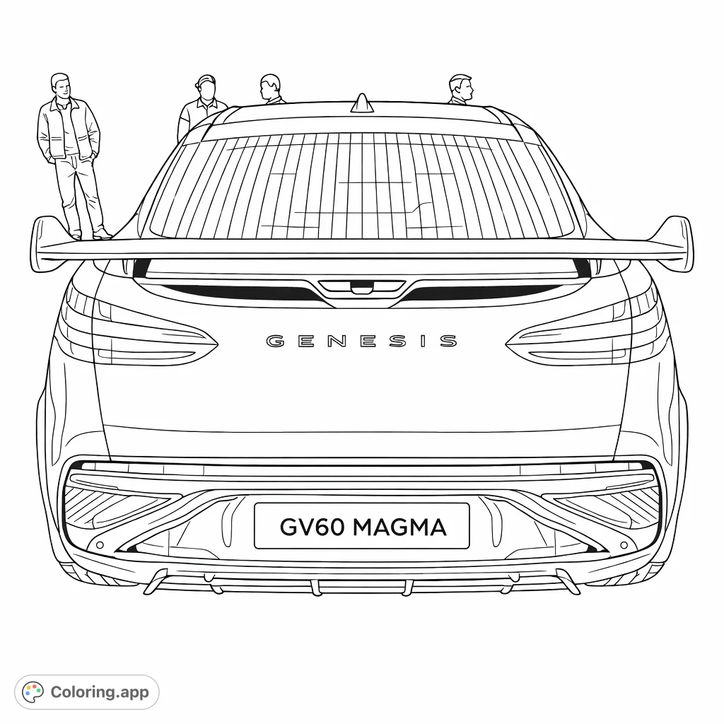 Capture the sleek, sporty design of the GV60 Magma from the rear. This modern car coloring page is a free printable, ideal for automotive and vehicle enthusiasts.