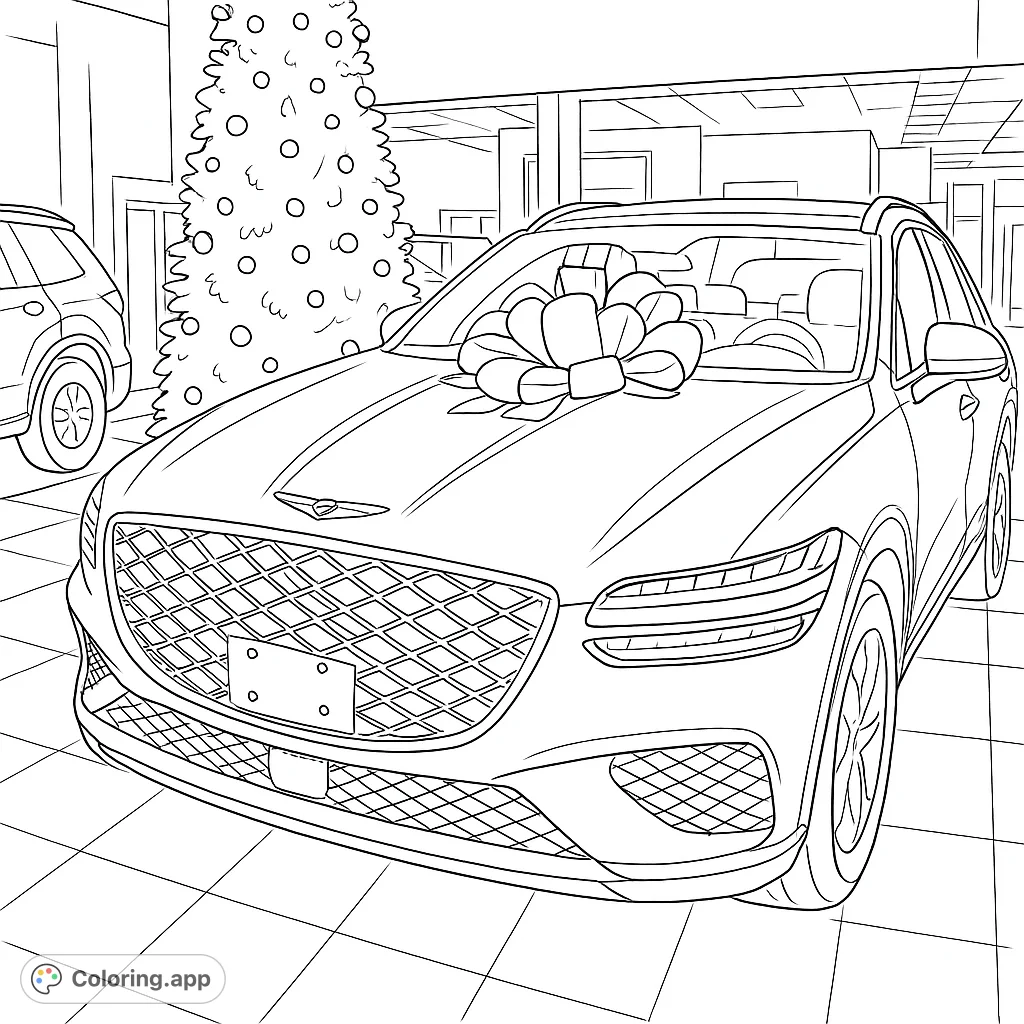 A stylish luxury car adorned with a large bow, positioned next to a festive holiday tree in a modern showroom. Perfect for enthusiasts!