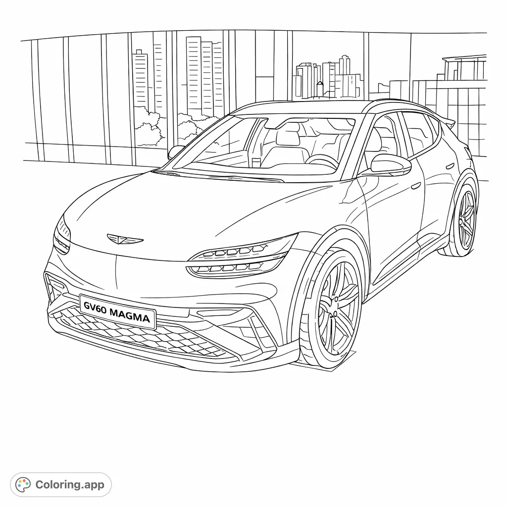 Color this sleek, modern performance SUV. Features dynamic lines, intricate wheels, and a contemporary urban backdrop.