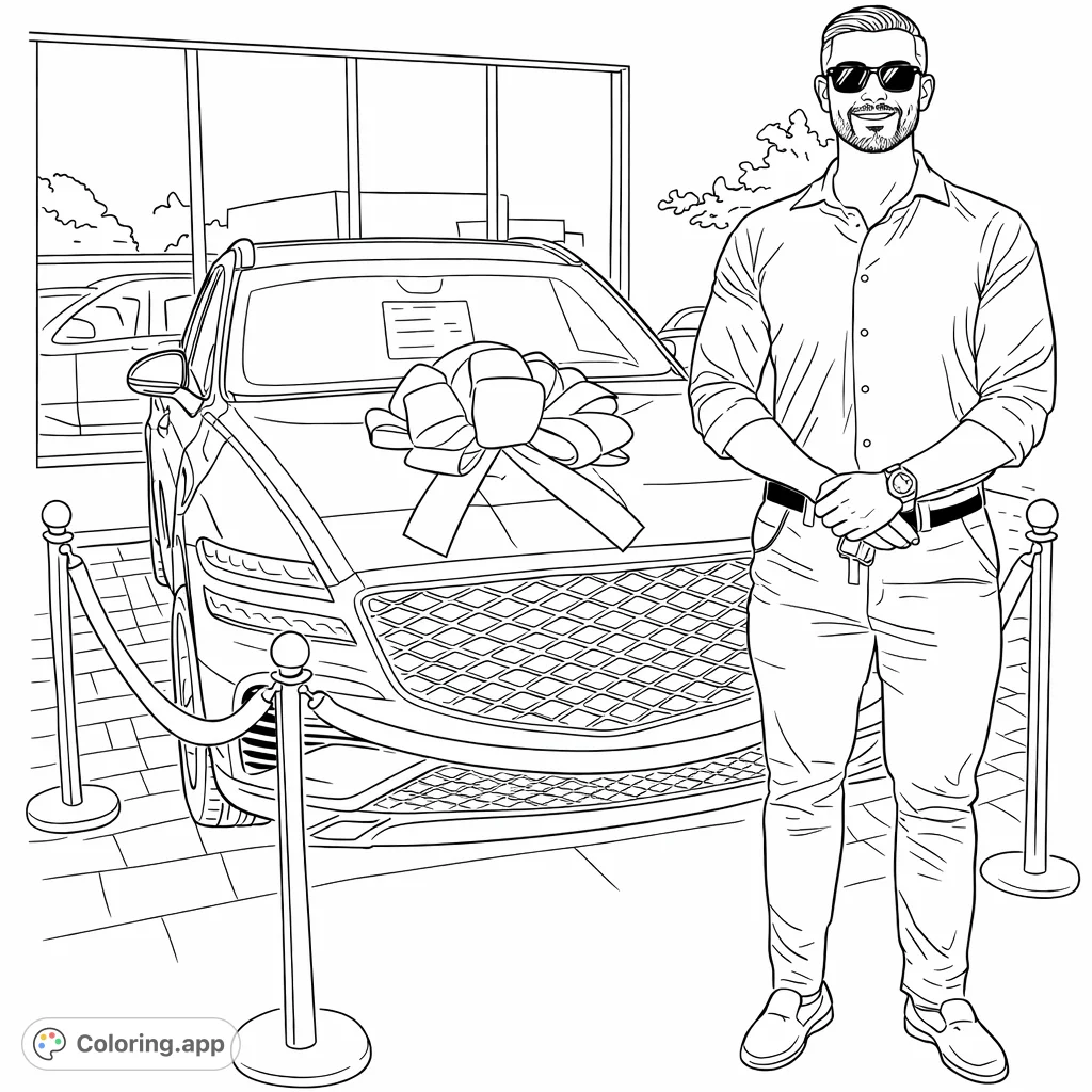 Celebrate a new beginning! A man stands proudly with his new SUV, featuring a grand bow and stanchions.