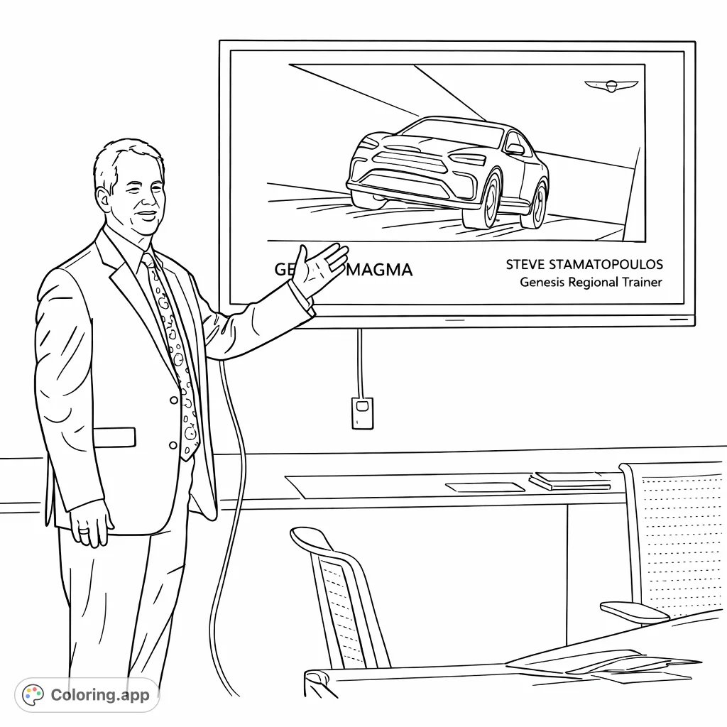 An executive presents a sleek, modern concept car on a large screen, captured in a dynamic pose. Ideal for enthusiasts of automotive design and business themes.