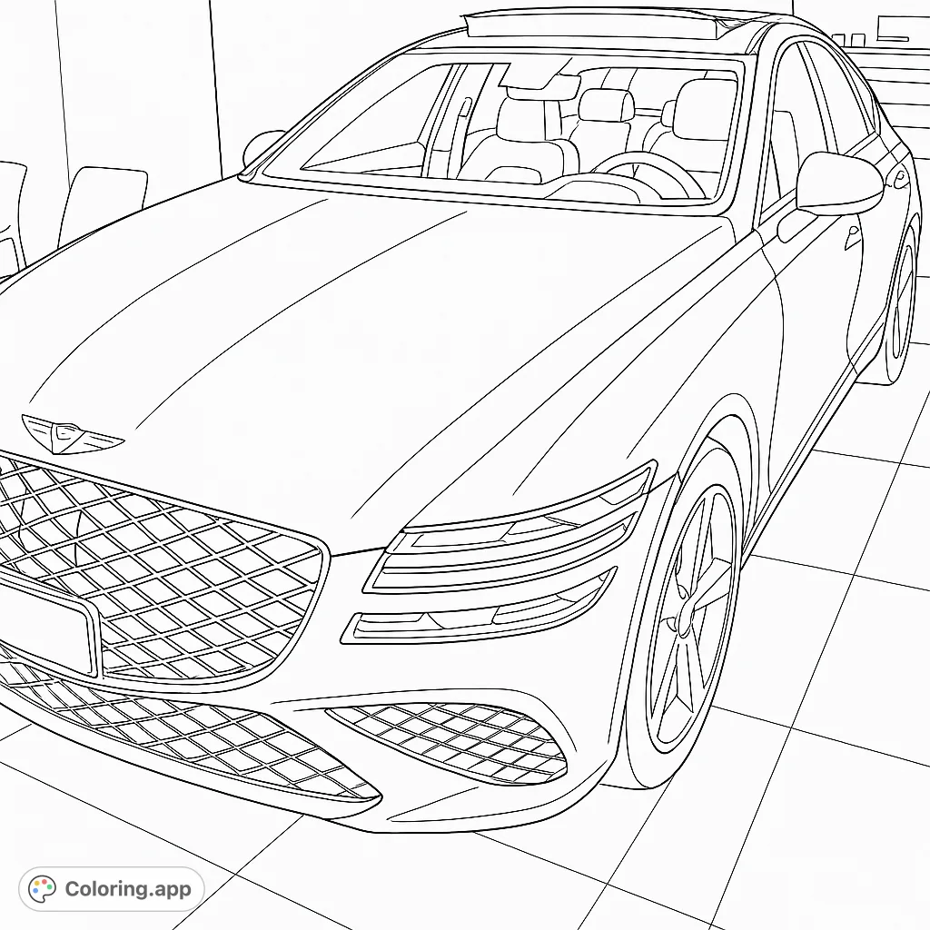 Color a sophisticated luxury sedan with intricate grille details and sleek lines, set in a modern showroom. Perfect for car enthusiasts and detailed coloring.