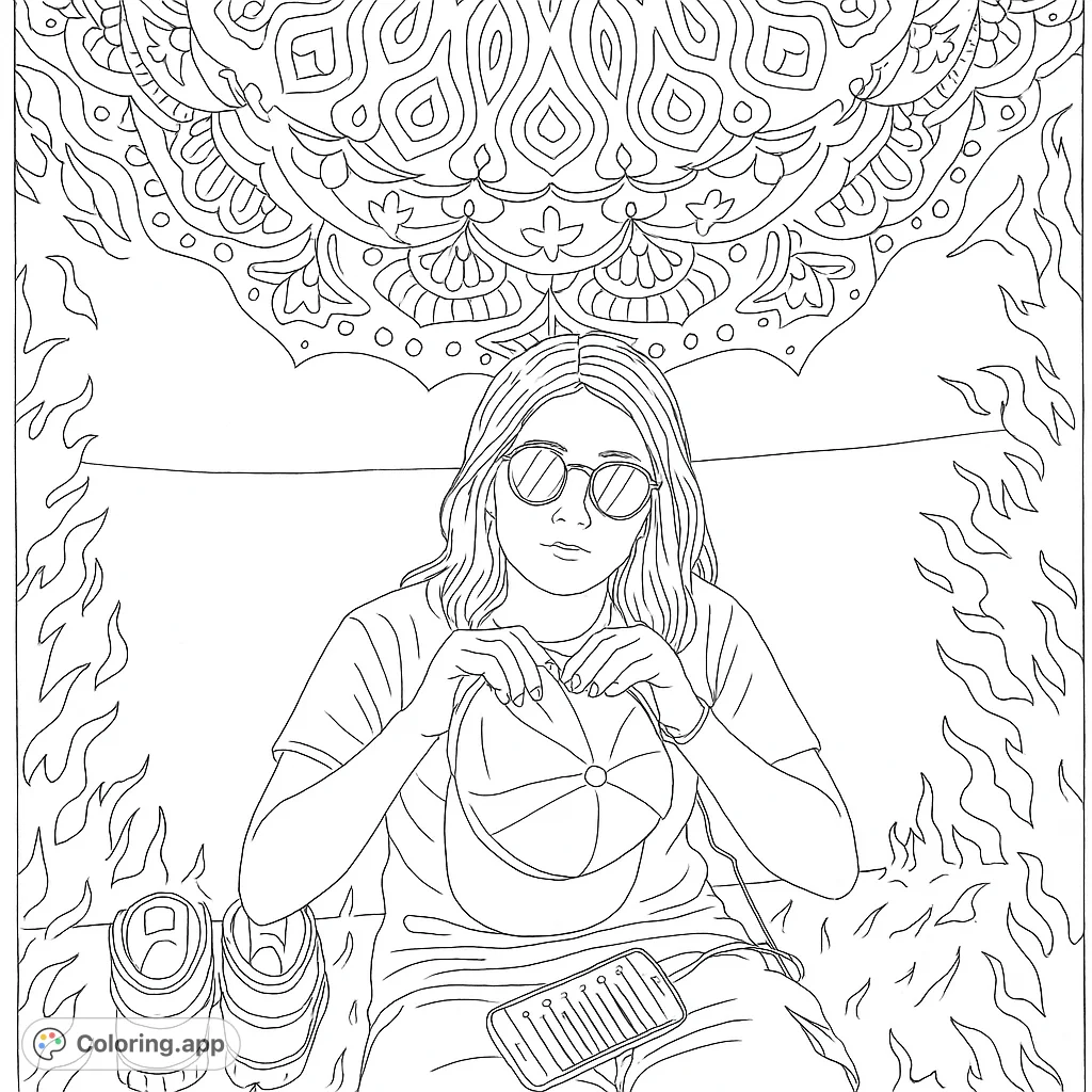 A relaxed figure with sunglasses and a cap, surrounded by a detailed mandala tapestry and dynamic patterns, perfect for creative expression.