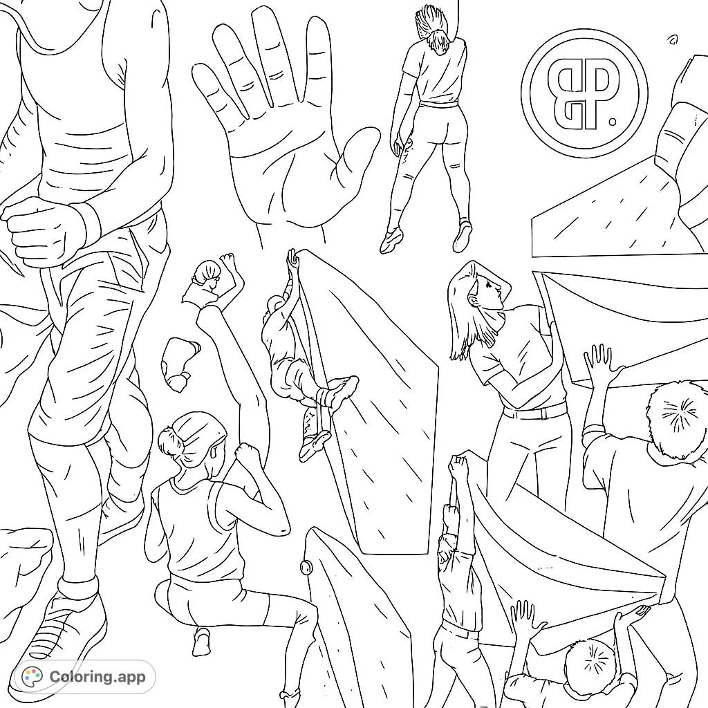 Dynamic climbing collage featuring athletes in action, detailed hands on holds, and abstract rock forms. Perfect for sports enthusiasts.