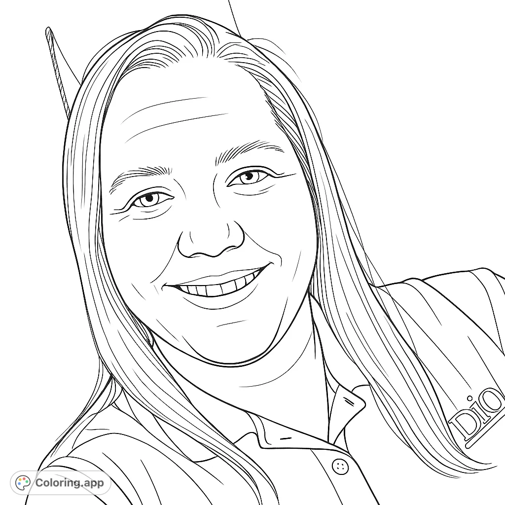 A friendly woman's portrait, perfect for a relaxing coloring session. Features a warm smile and detailed hair, ideal for all ages.