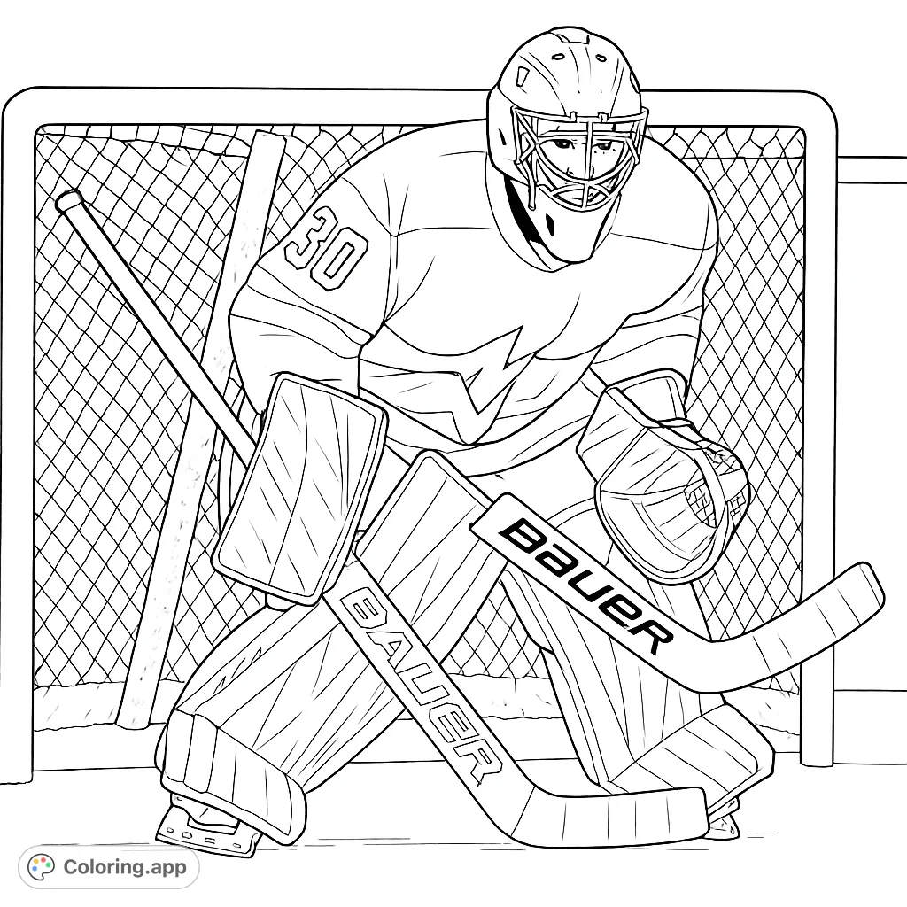 Capture the intensity of a hockey goalie in action! This detailed coloring page features a goalie in full gear, ready to defend the net on the ice.