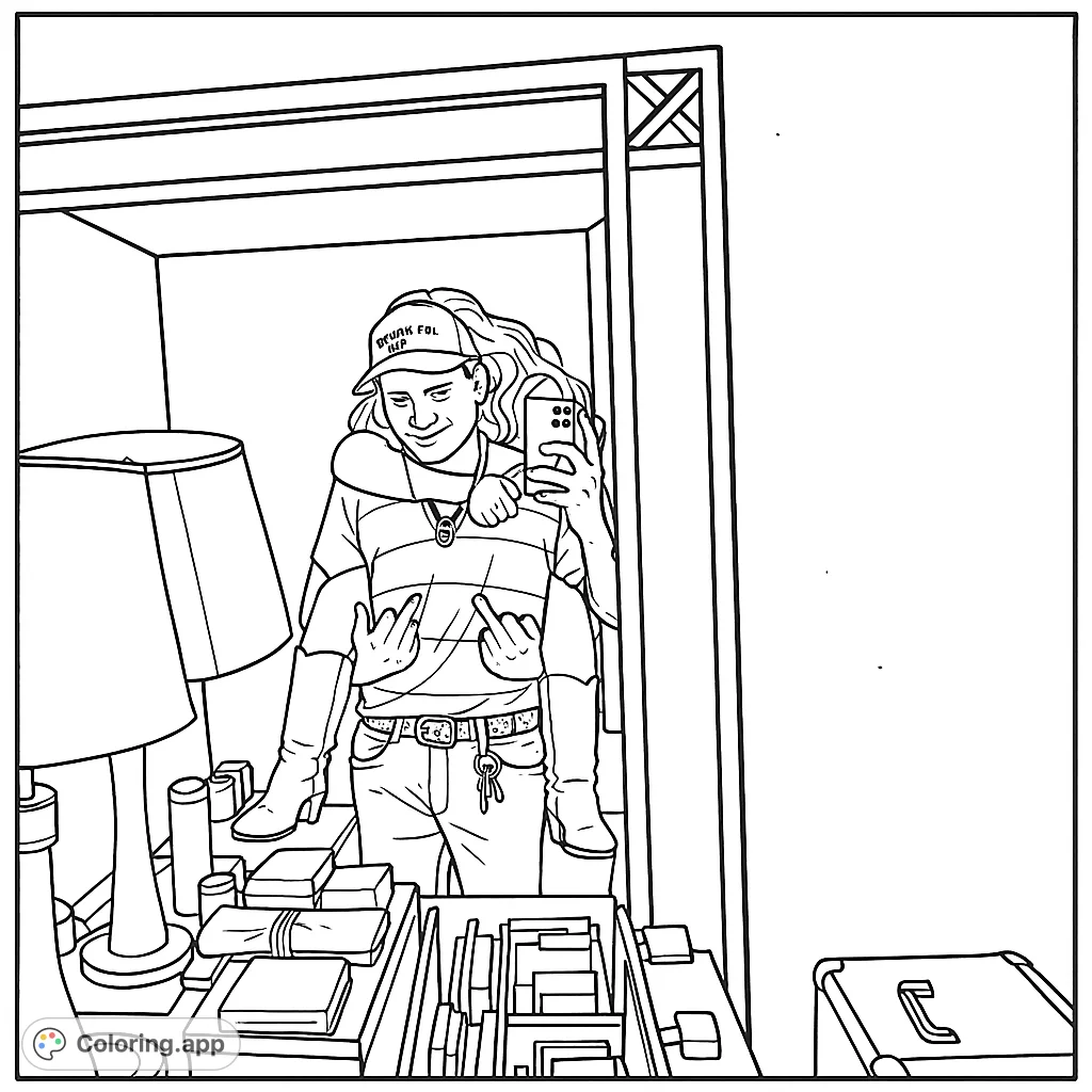 Capture a playful mirror selfie featuring two individuals, one holding boots and making a gesture, surrounded by room details. A unique and engaging scene.