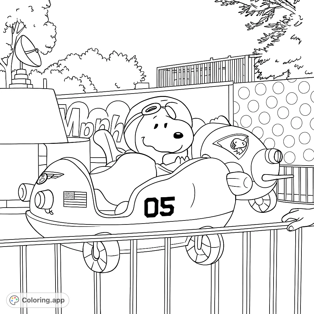 Explore a fun amusement park scene featuring unique ride vehicles and beloved characters. Perfect for a playful coloring adventure.