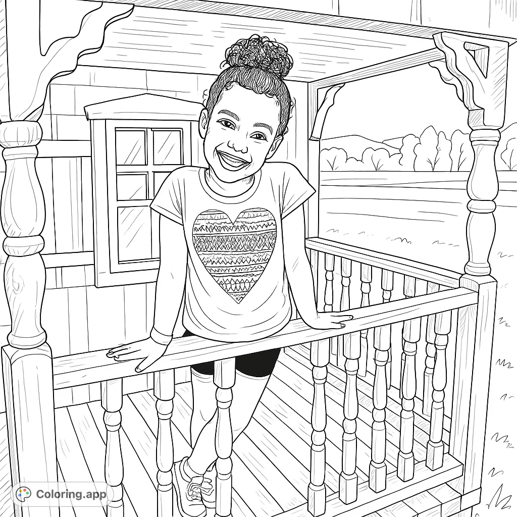 A cheerful girl smiles from a charming playhouse porch, inviting creativity. Perfect for kids to explore imagination and color.
