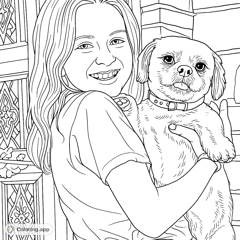 A heartwarming free printable coloring page featuring a smiling girl embracing her fluffy companion dog, set against a detailed architectural background.