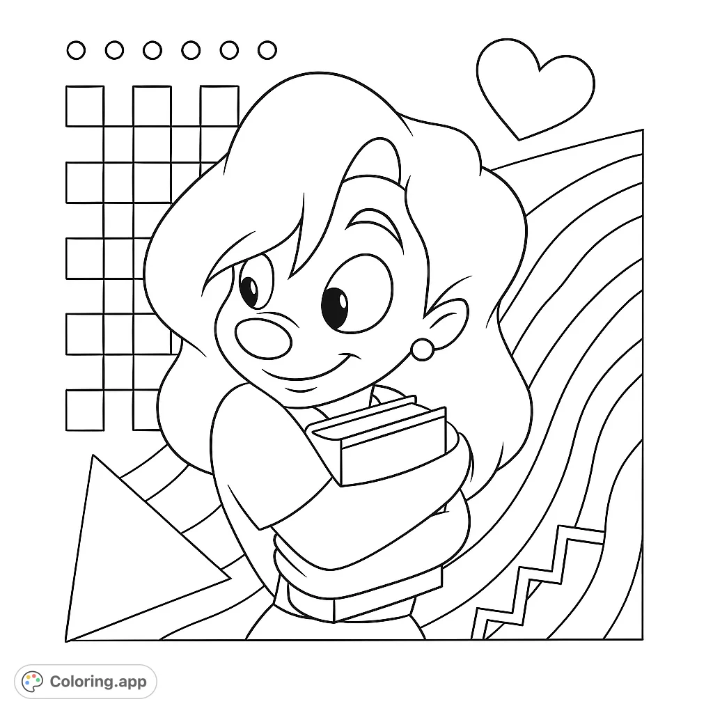 A cheerful character holding books, set against a vibrant, geometric background. Perfect for fans of retro designs and academic themes.