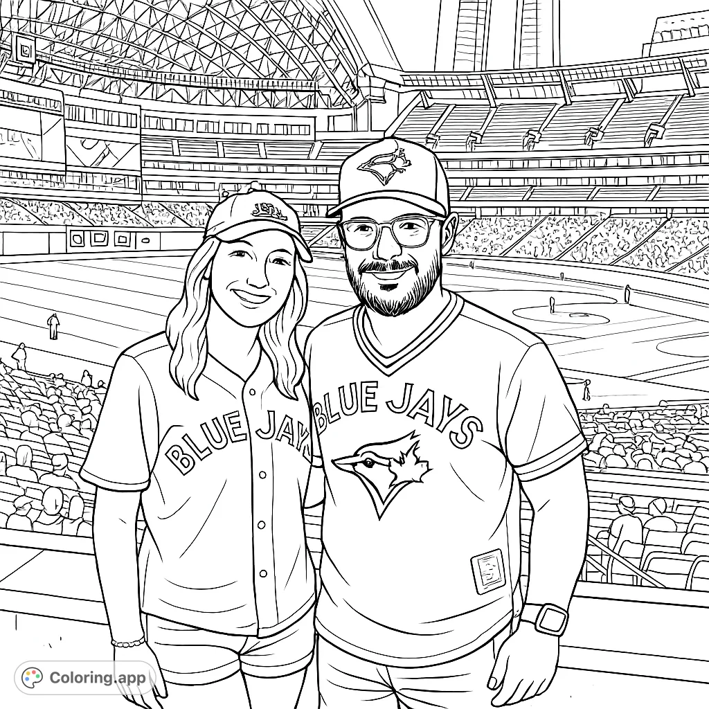 A fun baseball stadium coloring page featuring two fans enjoying a game, surrounded by stadium details and cheering crowds. Perfect for sports enthusiasts!