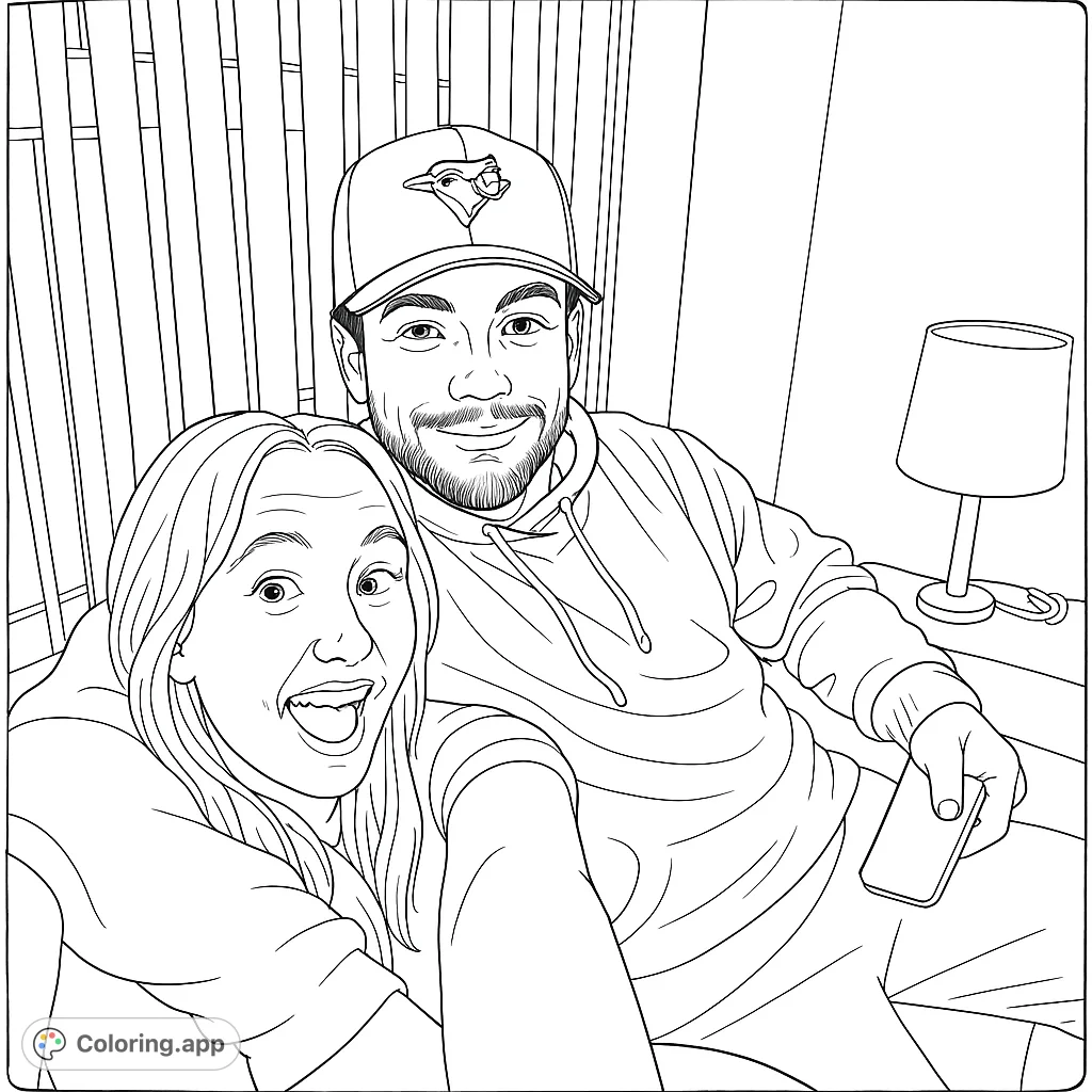 Capture a joyful moment with two friends in a cozy indoor setting. Perfect for adding your own creative flair to their expressions and surroundings.
