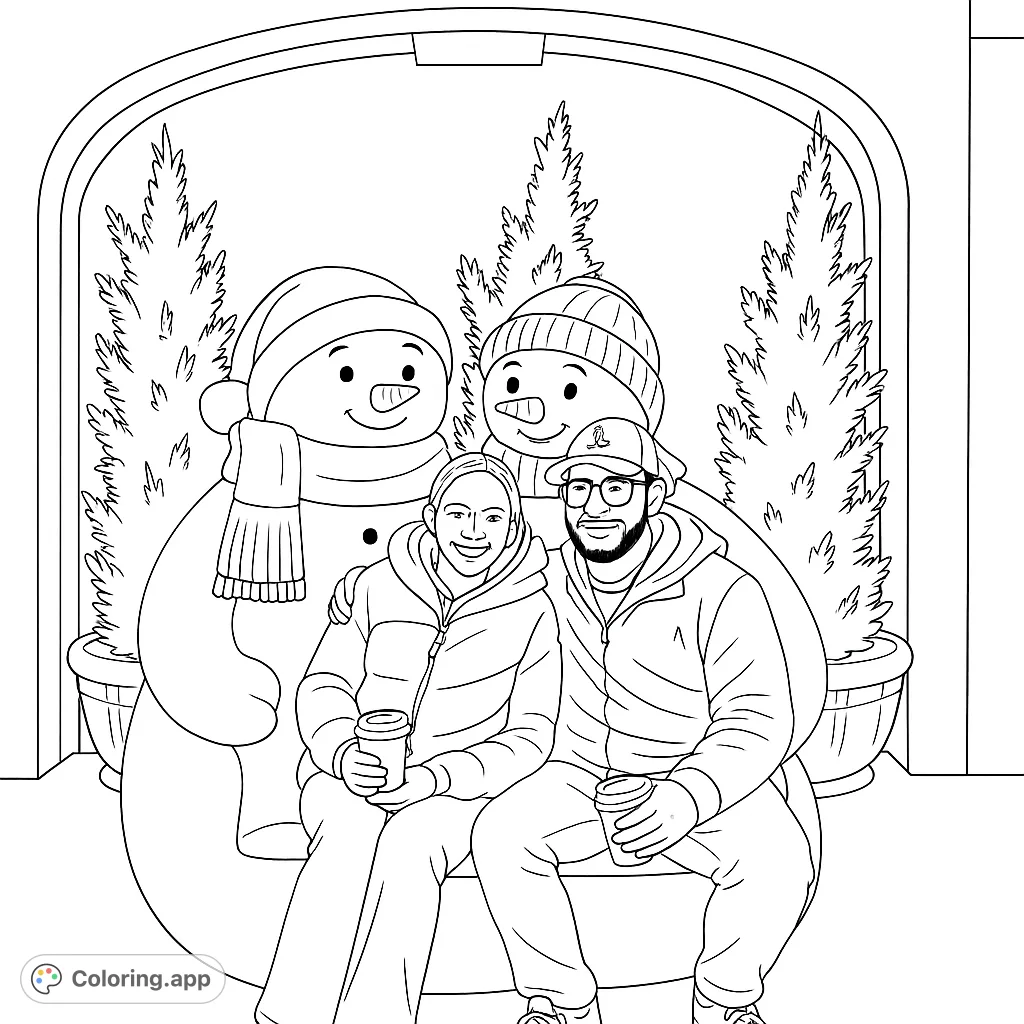 A cheerful couple poses with two festive snowman figures under a decorated archway, surrounded by evergreen trees. Perfect for holiday coloring fun!